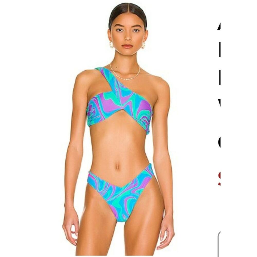 WeWoreWhat Asymmetrical Cross Over Bikini Top in Ocean Blue Multi Size: M